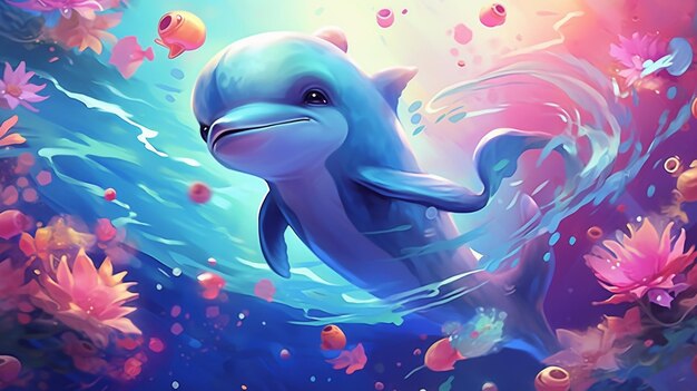 Dolphin in the water with flowers and fish around it generative ai