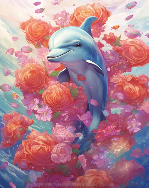 A dolphin in the water with roses