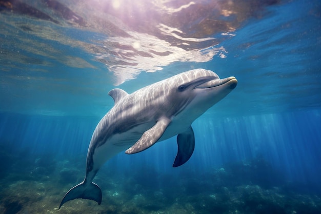 A dolphin in the water with the sun shining on it