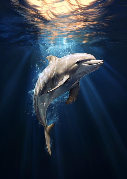 dolphin in the water with sun shining through the water generative ai