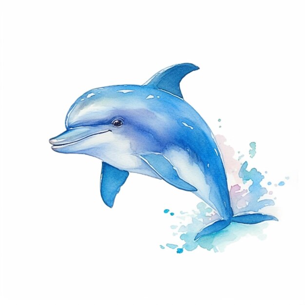Дельфин с голубыми акварелями на белом фоне