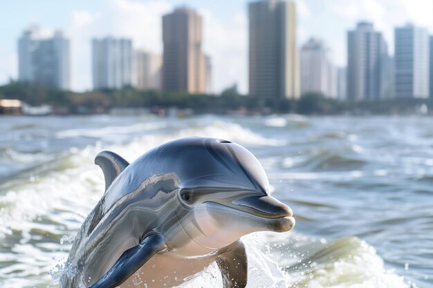 A dolphin with a city skyline in the background