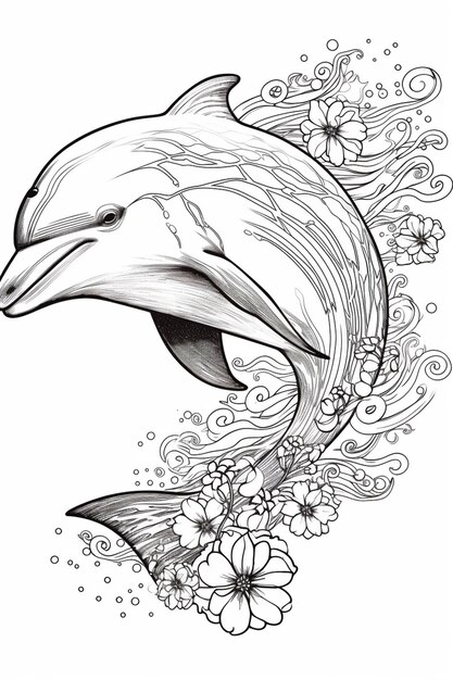 a dolphin with flowers and waves on its back generative ai