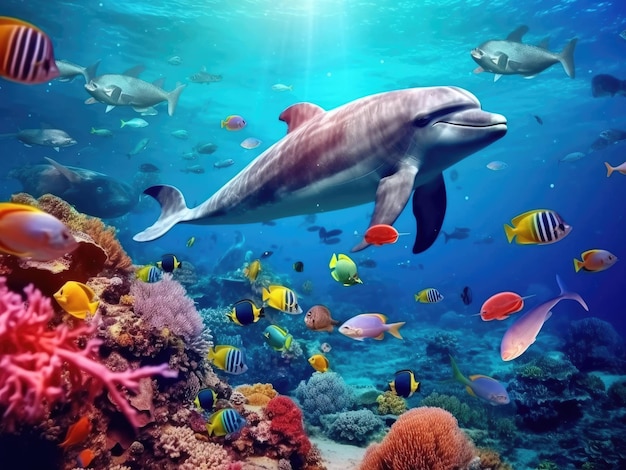 Dolphin with group of colorful fish and sea animals with colorful coral underwater in the ocean