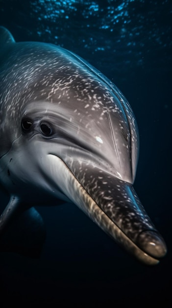 A dolphin with a long pointed nose is swimming in the dark water.