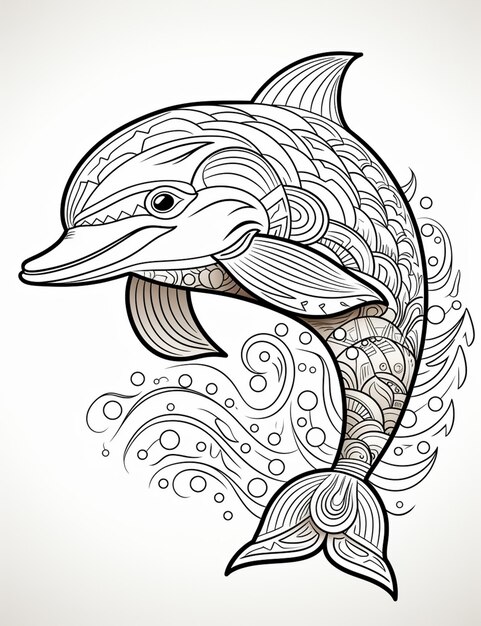 a dolphin with a pattern on its head and a wave in the background generative ai