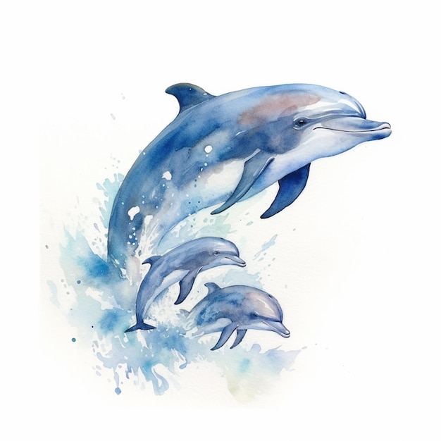 Дельфины прыгают из воды на картине.