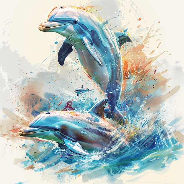 dolphins are jumping out of the water with splashes of paint generative ai