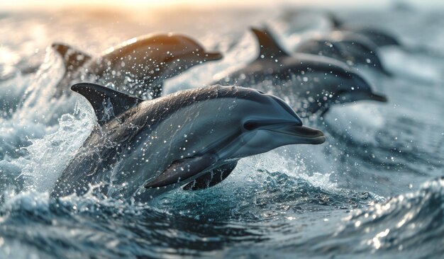 Dolphins are swimming in the ocean with their heads above the water Generative AI