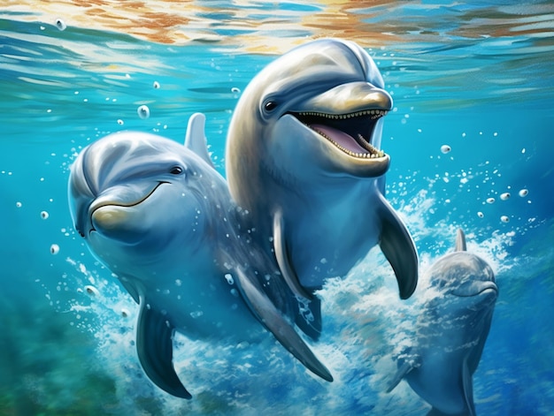 돌고래는 입을 열고 바다에서 헤엄치고 있습니다.