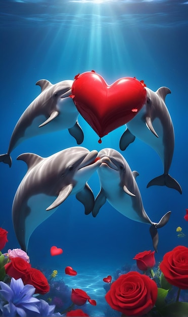 Dolphins on a background of hearts and petal flowers swim in the background