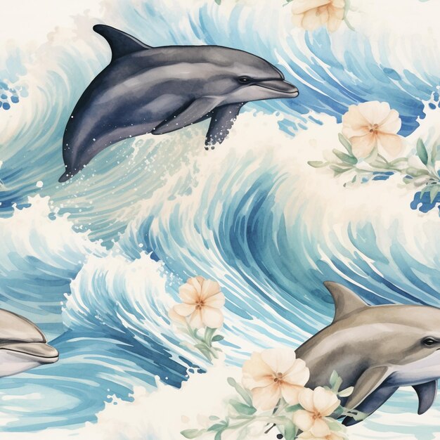 dolphins and flowers on a white background with a blue wave generative ai