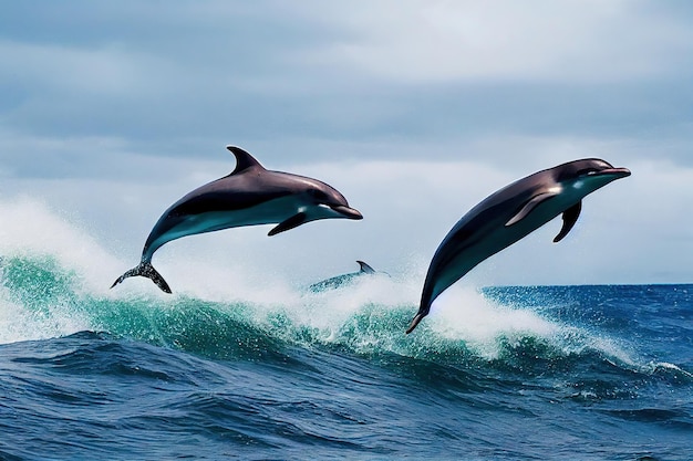 Dolphins frolicking on breaking wave against background of blue sea