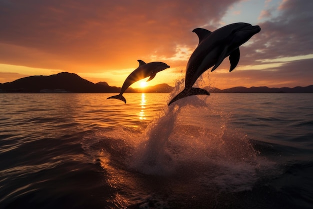 Foto i delfini che saltano dal mare al tramonto