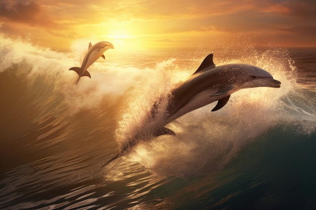 Dolphins jumping out of the ocean at sunset 3d render Playful dolphins jumping over breaking waves AI Generated