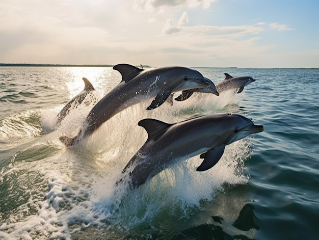 Dolphins jumping out of the water in the ocean