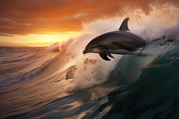 Dolphins jumping out of the water at sunset 3d illustration Playful dolphins jumping over breaking waves AI Generated