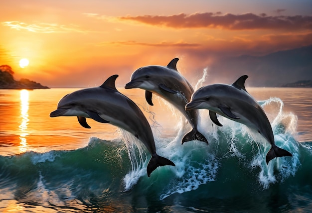 Dolphins jumping out of the water at sunset Generative AI