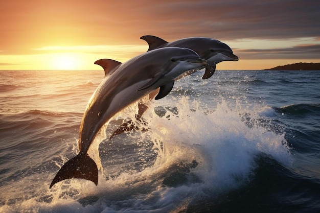 Dolphins jumping in the sunset - photo #