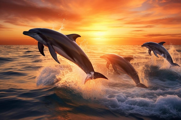 Dolphins jumping in the sunset - photo #