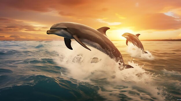 Dolphins jumping in the sunset photo