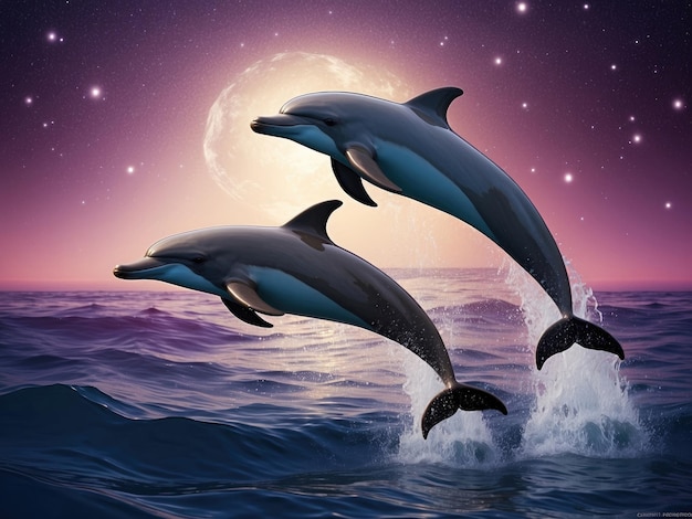 Dolphins jumping in water at star night