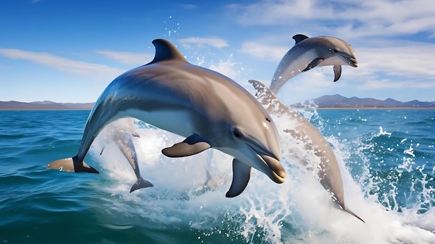 Dolphins jumping in the water with a wave in the background