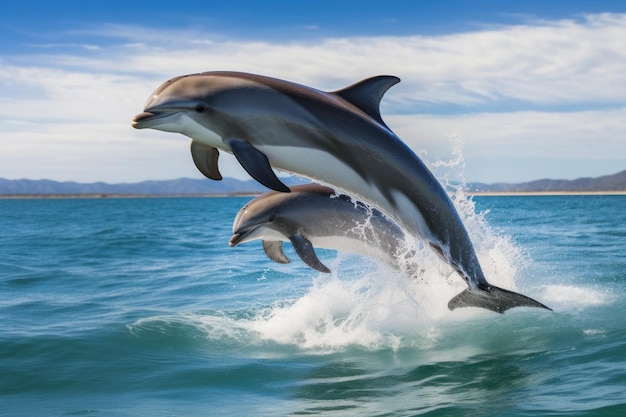 Дельфины прыгают по волнам