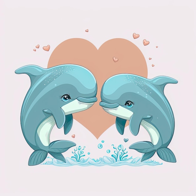 Dolphins kissing Cute cartoon with two animals in love romantic illustration Template for Valentine day Blue colors Generative AI