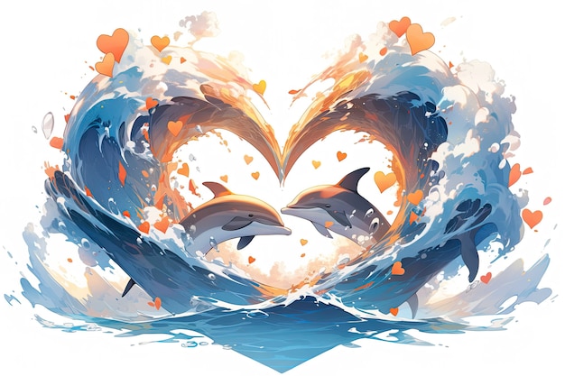 Dolphins in love and splashes of waves in the shape of a heart