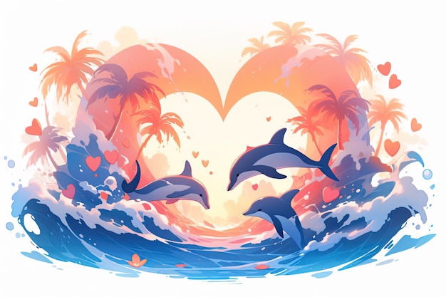 Влюбленные дельфины и брызги волн в форме сердца