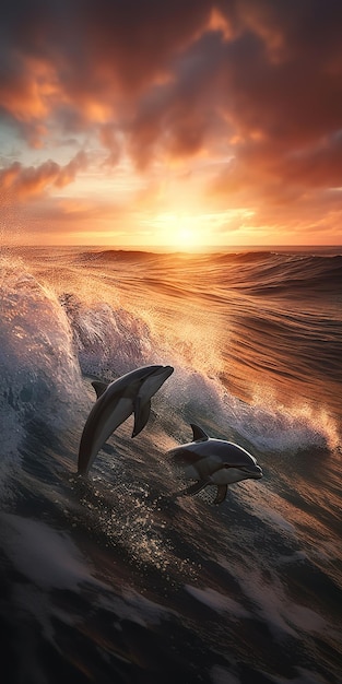 Dolphins in the ocean at sunset