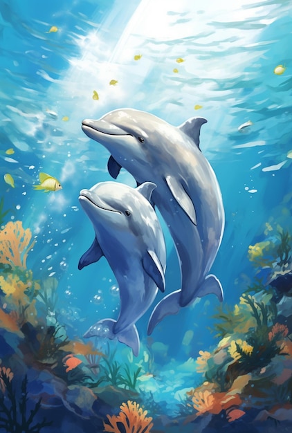 Photo dolphins in the ocean with corals and fish in the background generative ai