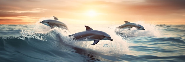 Dolphins in the ocean with a wave bannerai