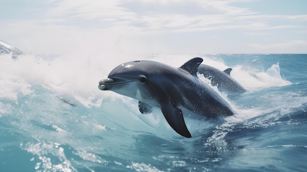 Dolphins in the ocean with a wave