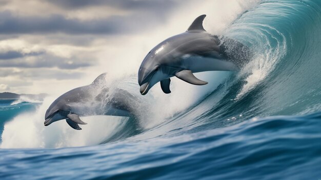 Dolphins playfully surf ocean waves embodying marine joy AI Generated