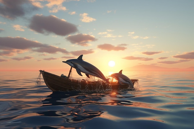 Dolphins playing in boats