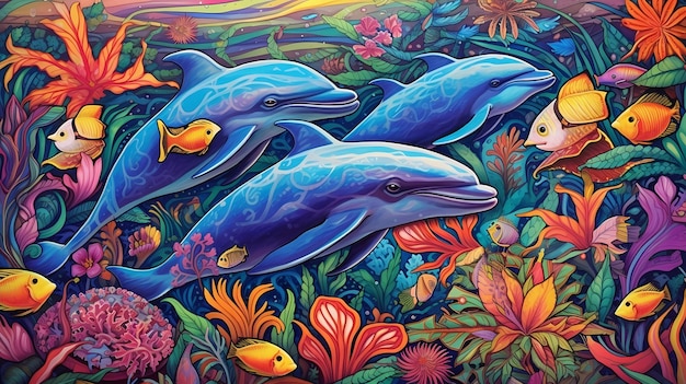 Dolphins playing at coral reef Generative AI