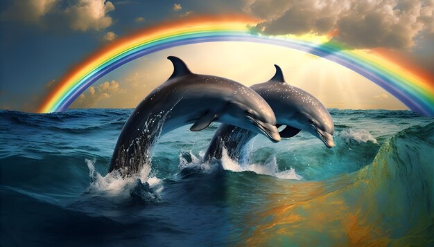 Photo dolphins rainbow