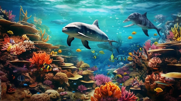 イルカとサンゴ礁の海中環境電子生成Ai