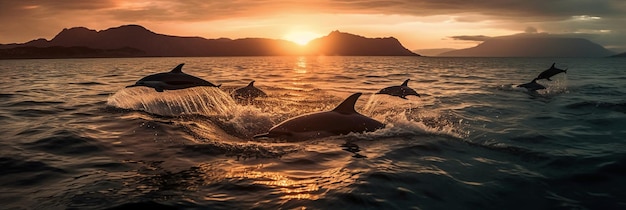 Dolphins swimming in the ocean at sunset