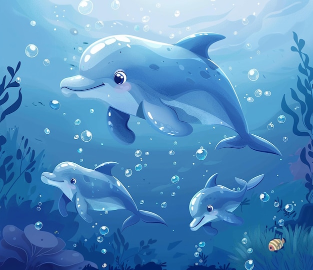 dolphins swimming in the ocean with bubbles and corals generative ai