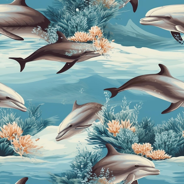 Foto delfini che nuotano nell'oceano con coralli e alghe generative ai