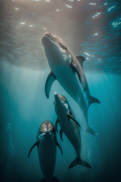 Foto delfini che nuotano nell'oceano con la luce del sole che splende attraverso l'acqua generativa ai