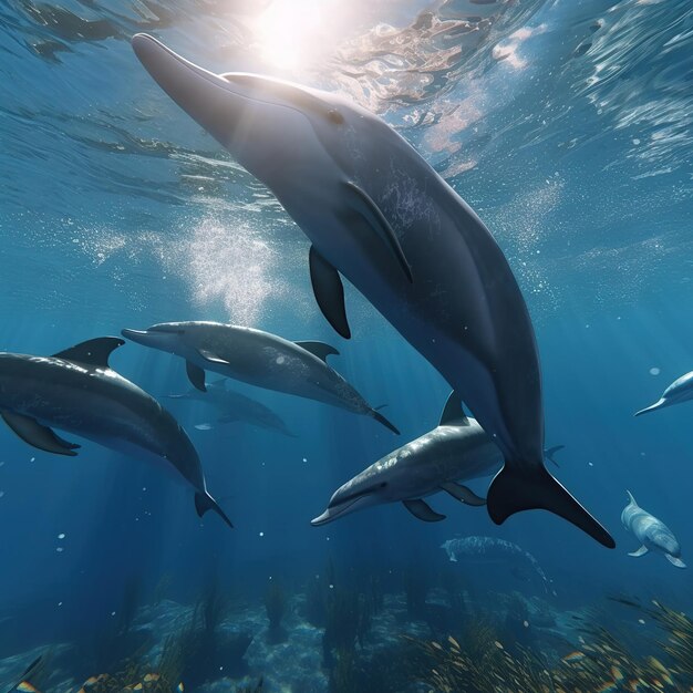 dolphins swimming in a turquoise ocean