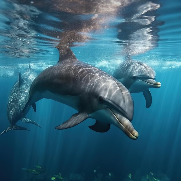 Dolphins swimming in a turquoise ocean