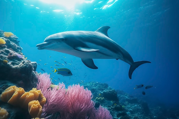 Dolphins swimming in the undersea Beautiful Underwater and colorful coral in the wild nature of the Pacific Ocean Generate Ai