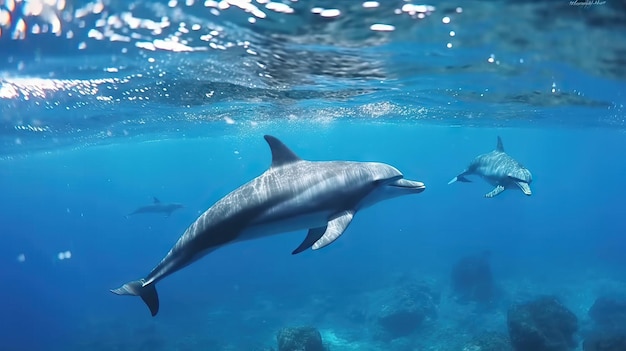 Dolphins swimming underwater in the ocean generative ai