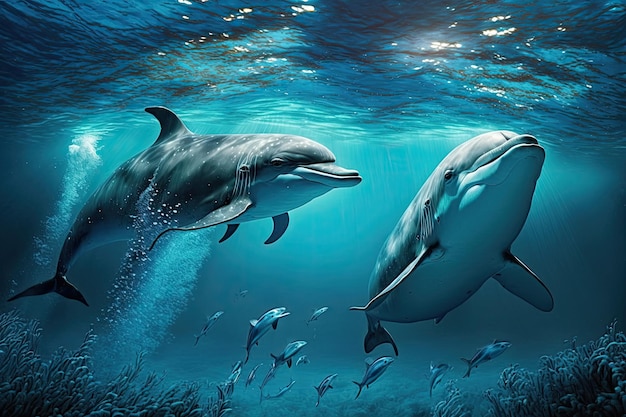 Dolphins swimming underwater in the sea