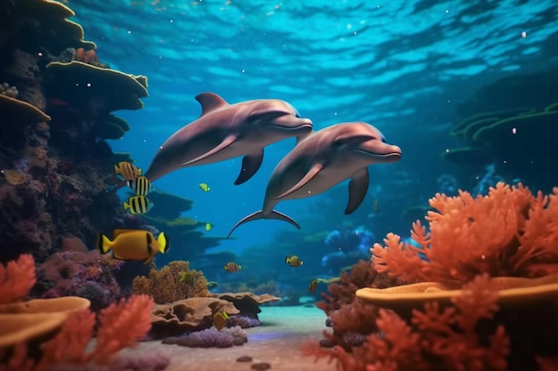 Dolphins swimming underwater with corals and tropical fish 3d render